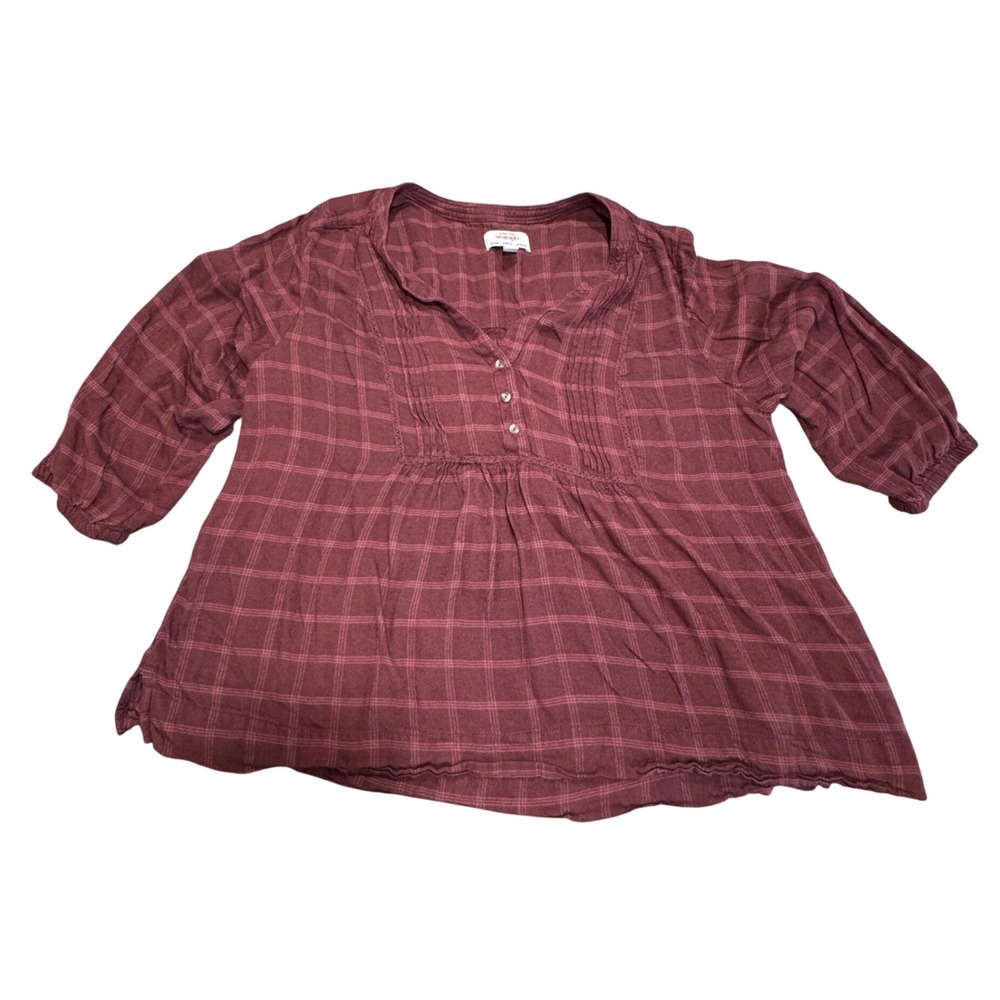 Wrangler Plaid Henley Blouse Womens XL Burgundy Flowy Boho Western